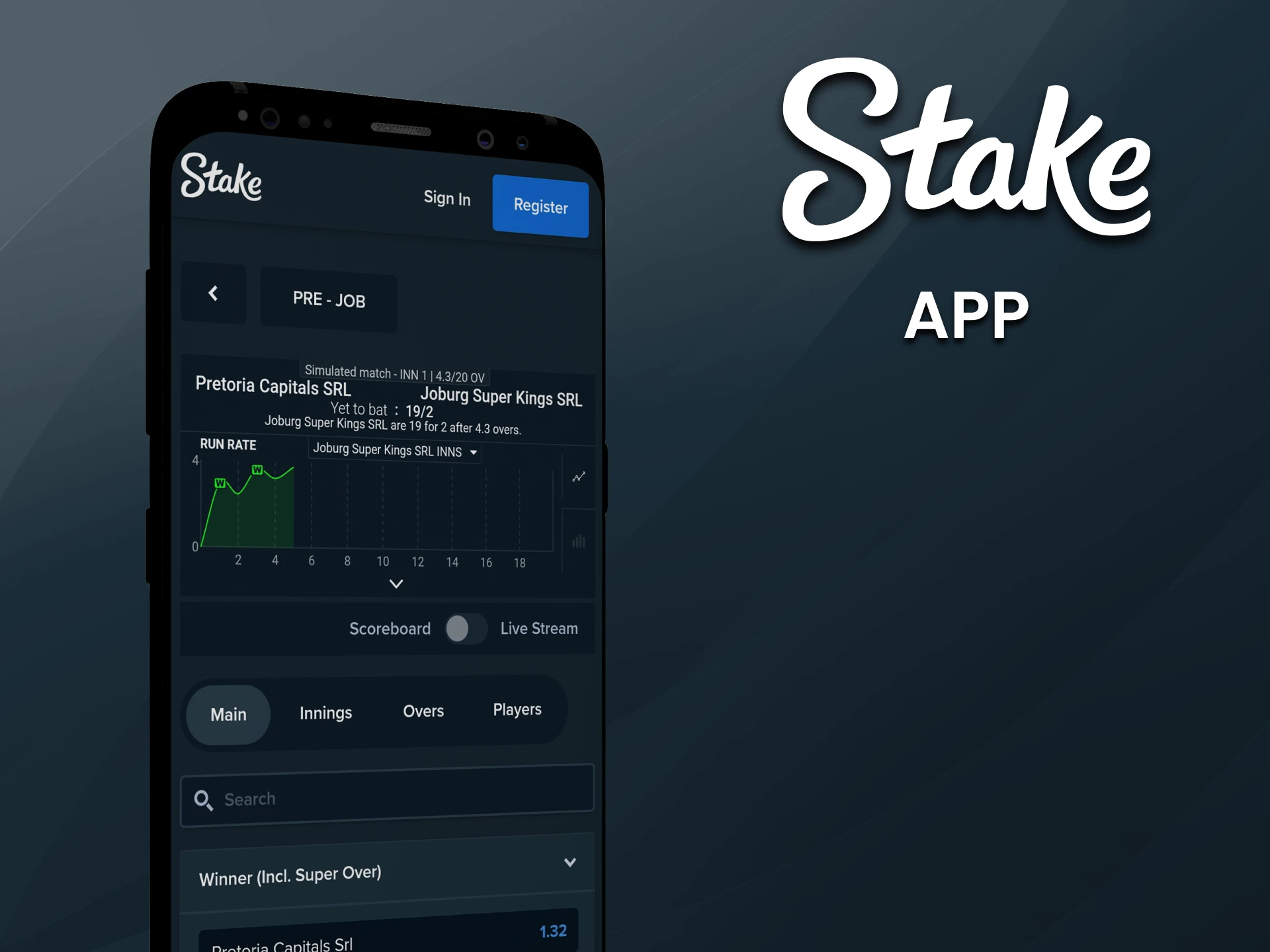 Place your bets on cricket with the Stake app.