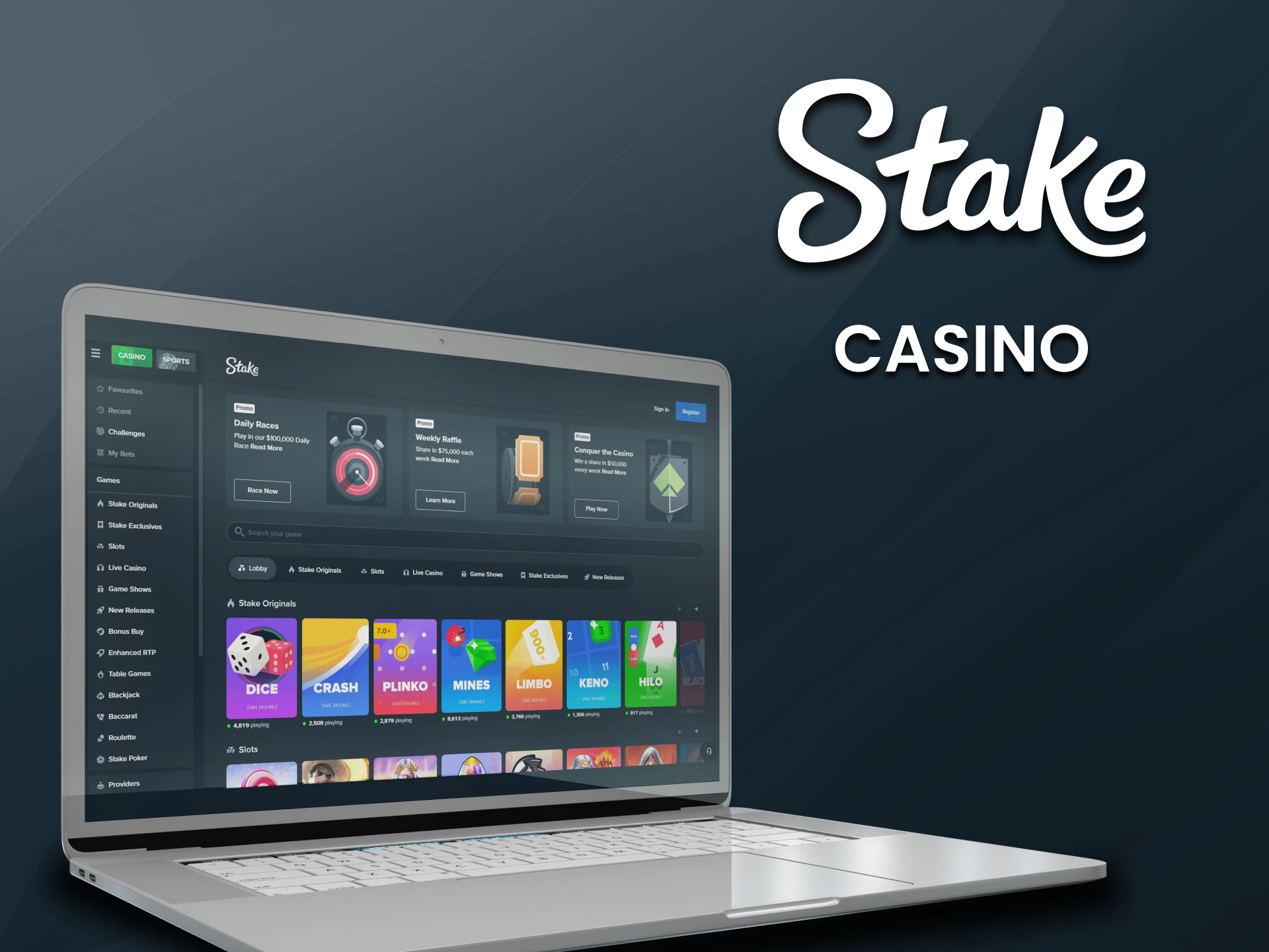 Visit the casino section of the Stake website.