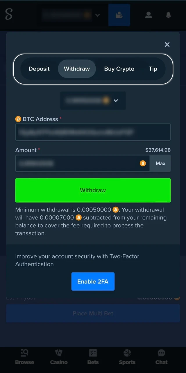 Go to the withdrawal section of Stake Casino.