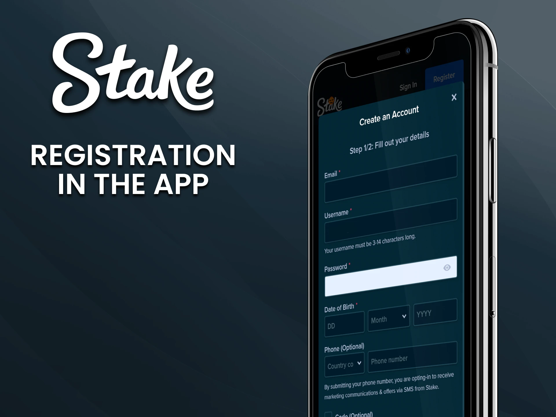 Quick registration in the Stake mobile app.